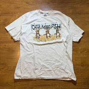Vintage Delta Pro Weight Catch More Fish Deer Graphic T-Shirt Mens XL Cream Tee